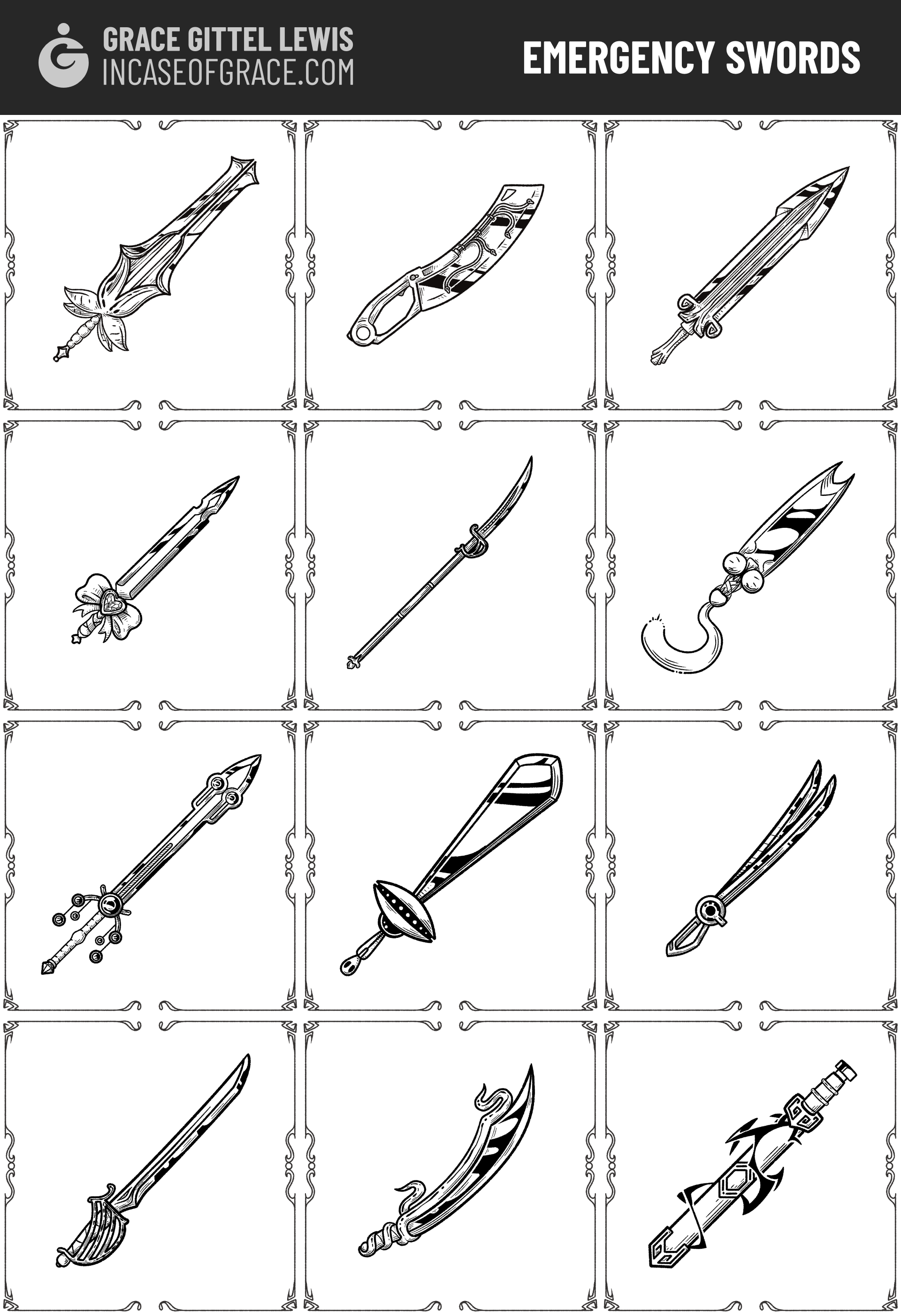 A grid of 12 illustrated swords in black and white.